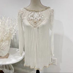 Free People Beaded Lace Shift Dress Cream Regal Princess Core Sz S Bridgerton